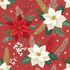 Poinsettia And White Christmas Floral Pattern With Red Background For Holiday Decor