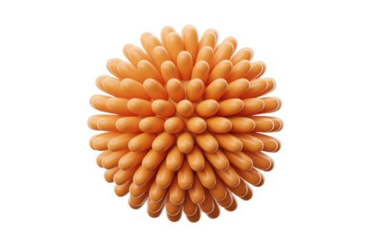 A vibrant orange spherical object covered in numerous blunt, elongated protrusions, resembling a stylized virus, against a solid transparent background. background removed