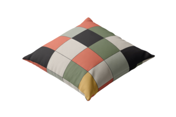 A modern geometric pattern throw pillow featuring square and diamond patches in earthy tones: black, white, green, and orange. background removed