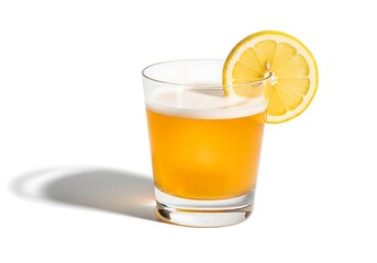 Refreshing orange juice in a glass with a lemon slice and shadow