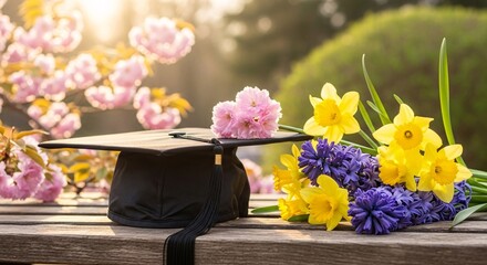 Spring Graduation Celebration Academic Cap Tassel Pink Cherry Blossoms Yellow Daffodils Hyacinths