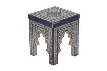 Elegant Moroccan tile square table, featuring intricate blue and white floral-geometric patterns and distinctive arched leg design. background removed