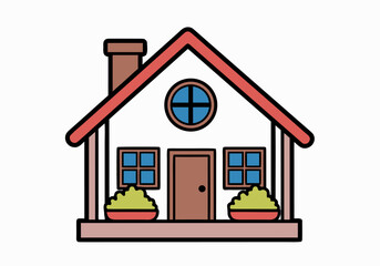 Charming Cartoon House Illustration with Cozy Features and Garden Pots, Perfect for Design Projects