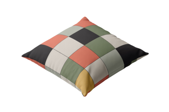 A modern geometric pattern throw pillow featuring square and diamond patches in earthy tones: black, white, green, and orange. background removed