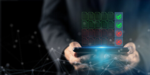 Digital Data Verification and Validation System. Holding a tablet displaying glowing icons of documents with green checkmarks and red X marks, digital data verification, approval and accuracy control.