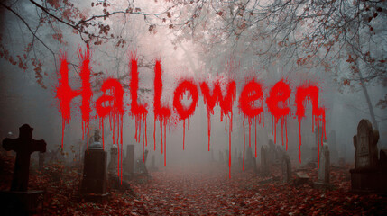 Halloween text in dripping red paint effect over misty graveyard with tombstones and foggy forest background creating spooky atmosphere