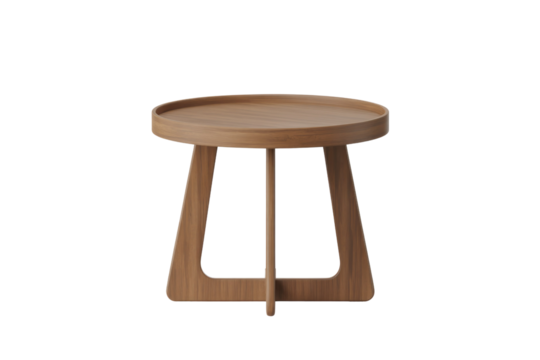 A modern wooden side table featuring a round, tray-style top and an elegantly designed intersecting base, ideal for contemporary interiors. background removed