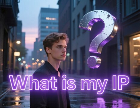 Young man on a rainy urban street at twilight with glowing purple text asking what is my IP beside a metallic question mark