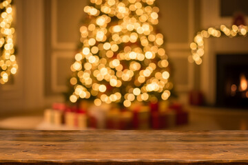 Empty wooden table top blurred christmas tree with yellow bokeh on background. Christmas xmas tree with festive bokeh light holiday on wood table, for display, montage your products.