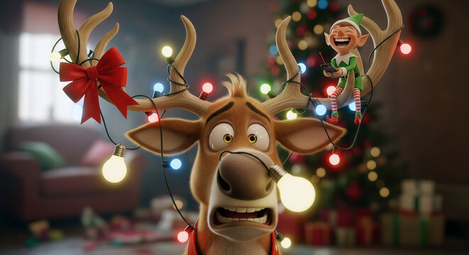 Comical Christmas scene with a reindeer tangled in colorful lights while a mischievous elf laughs and decorates its antlers in a cozy holiday room.