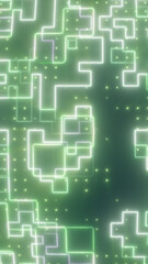 Abstract glowing green digital grid with luminous geometric lines and small sparkling points of light
