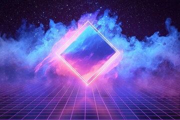 Naklejka premium Synthwave Smoke. Glitch Rhombus Emitting Smoke in Neon Blue and Pink Space