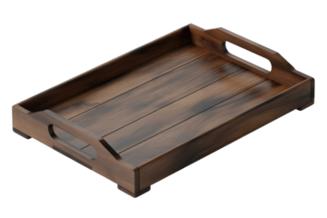 Dark brown wooden serving tray with integrated handles and a slatted base, elevated on small feet for convenient use. background removed