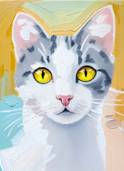 Vivid Abstract Cat Portrait With Bright Yellow Eyes Painted In Thick Brushstrokes

