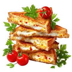 Four grilled cheese sandwiches are neatly stacked, accompanied by cherry tomatoes and garnished with fresh parsley