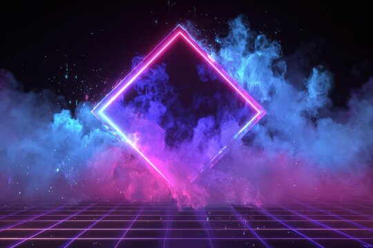 Synthwave Smoke. Glitch Rhombus Emitting Smoke in Neon Grid Space