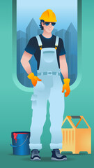A young construction worker in a helmet and sunglasses. A worker in overalls. Full-length character.Vector isolated illustration. Flat character portrait.Not AI.