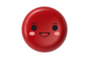 Vibrant, glossy red 3D button with a cheerful kawaii face. Features black eyes, wide smile, and delightful pink blushes. background removed