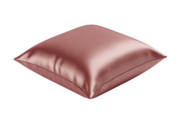 A luxurious rose gold satin square pillow or cushion, softly illuminated, presented on a solid transparent background, perfect for elegant home decor. background removed