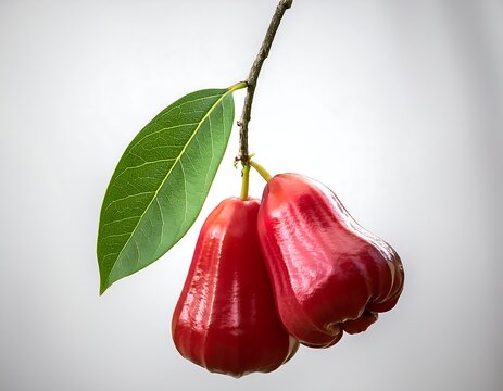 On a white background, a red rose apple fruit with a green leaf hangs from a tree limb.