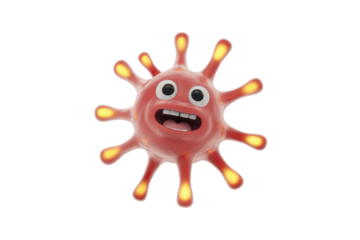 A cheerful, red 3D cartoon microbe character with glowing spikes and an open-mouthed grin, looking like a friendly virus or bacteria. background removed