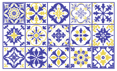 Blue and yellow Portuguese Azulejo ceramic tile pattern Mediterranean ornament of Italian glazed pottery. Vector hand drawn painted illustration for fashion interior design.