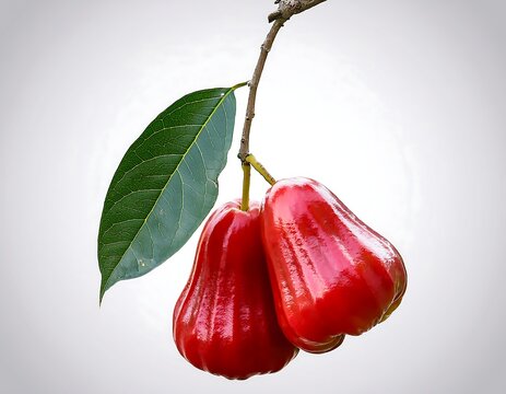 On a white background, a red rose apple fruit with a green leaf hangs from a tree limb.