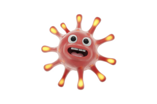 A cheerful, red 3D cartoon microbe character with glowing spikes and an open-mouthed grin, looking like a friendly virus or bacteria. background removed - Powered by Adobe