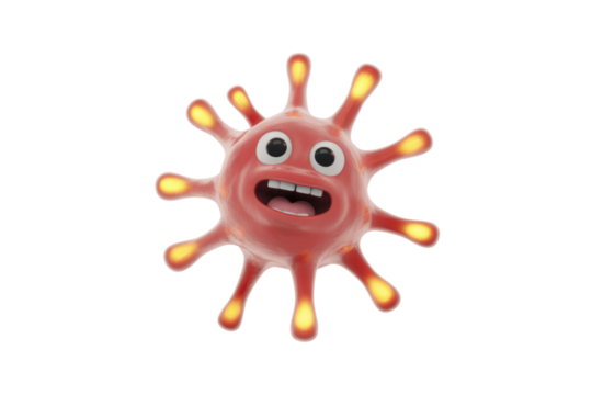 A cheerful, red 3D cartoon microbe character with glowing spikes and an open-mouthed grin, looking like a friendly virus or bacteria. background removed