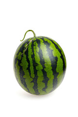 Round watermelon with vibrant green and dark stripes, showcasing its smooth surface and natural shape, perfect for summer fruit displays and healthy eating concepts