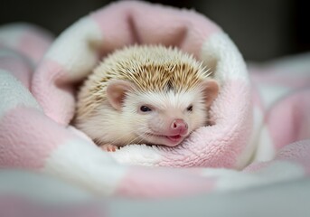 Adorable albino hedgehog snuggled in soft pink blanket close up adorable pet photography