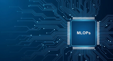 MLOps Concept on Circuit Board Background &ndash; Artificial Intelligence and Machine Learning Operations Technology Illustration with Blue Microchip Lines and Copy Space
