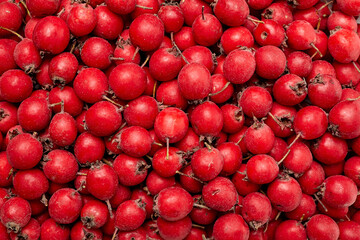 Hawthorn berries displayed in a vibrant pile, showcasing their rich red color and natural texture, perfect for culinary uses or health-related concepts