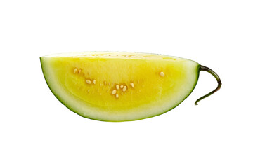 Fresh yellow watermelon slice showcasing vibrant color and unique texture, highlighting juicy flesh and seeds, perfect for summer recipes and healthy eating inspiration