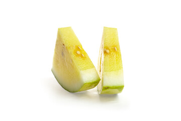 Fresh yellow melon slices, showcasing vibrant colors and textures, are placed on a clean white background, emphasizing their juicy and refreshing nature for culinary use