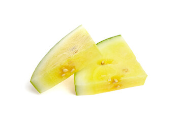 Fresh yellow watermelon slices showcasing vibrant color and unique texture, placed on a clean white background, emphasizing the fruit's juicy interior and appealing presentation