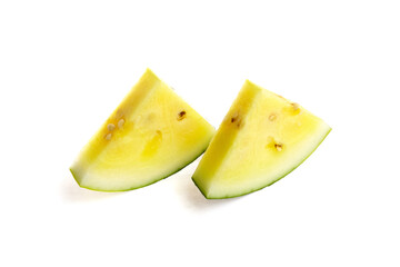 Fresh yellow watermelon slices on a clean white background, showcasing vibrant colors and juicy texture, perfect for summer fruit displays and healthy eating concepts