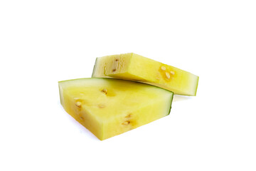 Fresh yellow watermelon slices, showcasing vibrant colors and unique texture, arranged artistically on a clean white background, highlighting the fruit's refreshing appeal and summer vibes