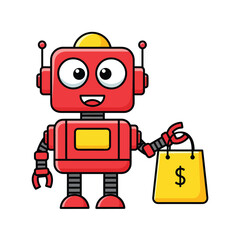 Fototapeta premium Red cartoon robot holding shopping bag with dollar sign, for e-commerce or marketing illustration, isolated on transparent background, png