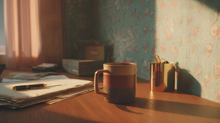 A wooden desk in front of a wall with textured wallpaper in soft pastel tones and a steaming ceramic coffee mug in earthy colors.