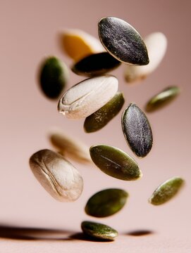 High quality ultra realistic floating papain and pumpkin seeds, isolated on clean background, detailed texture, vibrant natural colors, sharp focus, healthy natural ingredients concept