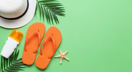 Summer travel and adventure essentials flip-flops, hat, sunscreen, and palm leaves on green background