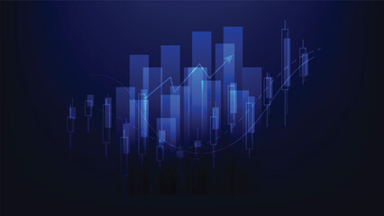 business and finance investment growth. bar chart and stock market candlesticks with arrow indicator on blue background 