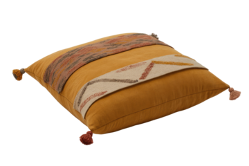 Stylish mustard yellow square cushion with two patterned woven bands, geometric designs, and decorative tassels, offering a cozy, artistic accent. background removed