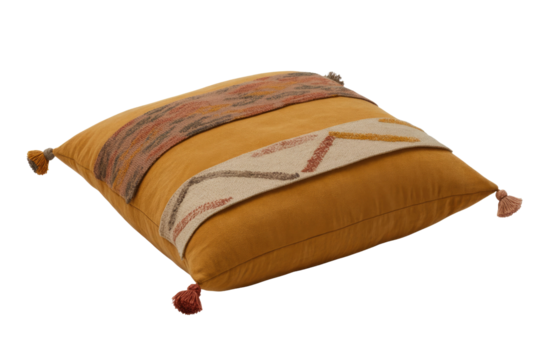 Stylish mustard yellow square cushion with two patterned woven bands, geometric designs, and decorative tassels, offering a cozy, artistic accent. background removed
