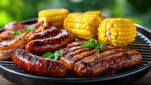 The barbecue grill is overflowing with juicy ham, sizzling sausages, succulent ribs, and perfectly grilled sweet corn, all with a delicious charred exterior that is sure to tempt anyone's taste buds
