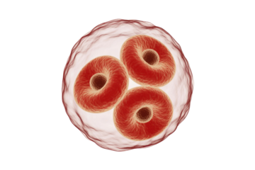 A magnified biological image featuring three distinct red, biconcave disc-shaped cellular bodies contained within a larger, transparent host cell or cyst. background removed