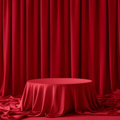 Red Luxury Podium with Fabric Drape and Curtain Background