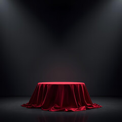 Red Velvet Podium on Dark Reflective Floor with Spotlight