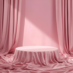 Elegant Pink Podium Scene with Curtains and Sunlight Beam